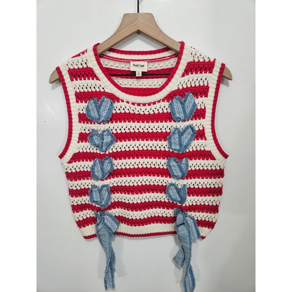 Peach Love California M Crochet Knit Vest Denim Bows Red Ivory Coquette Coastal